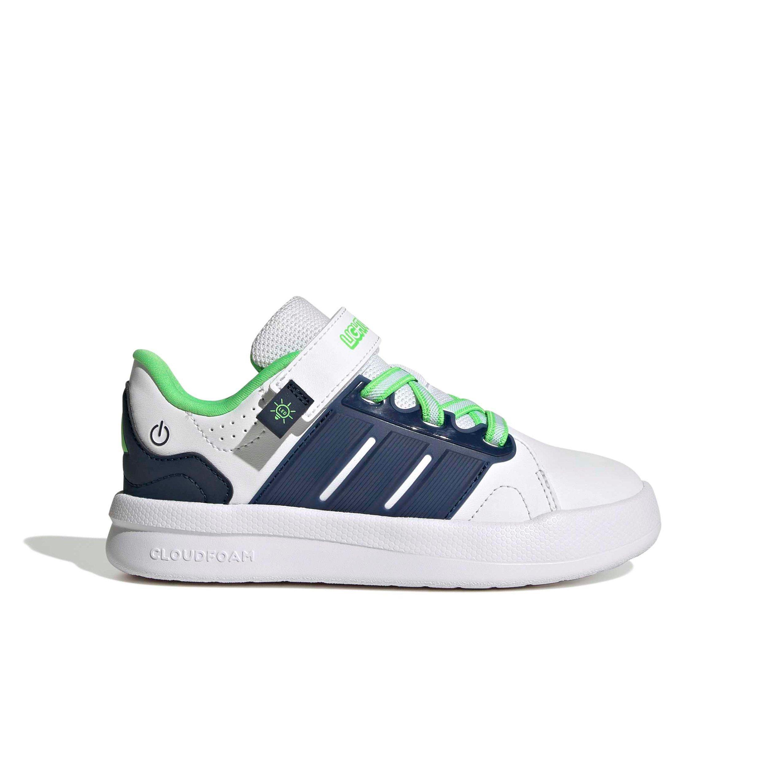 adidas Lightorama Court "Ftwr White/Night Indigo/Screaming Green" Preschool Boys' Shoe - WHITE/INDIGO/GREEN